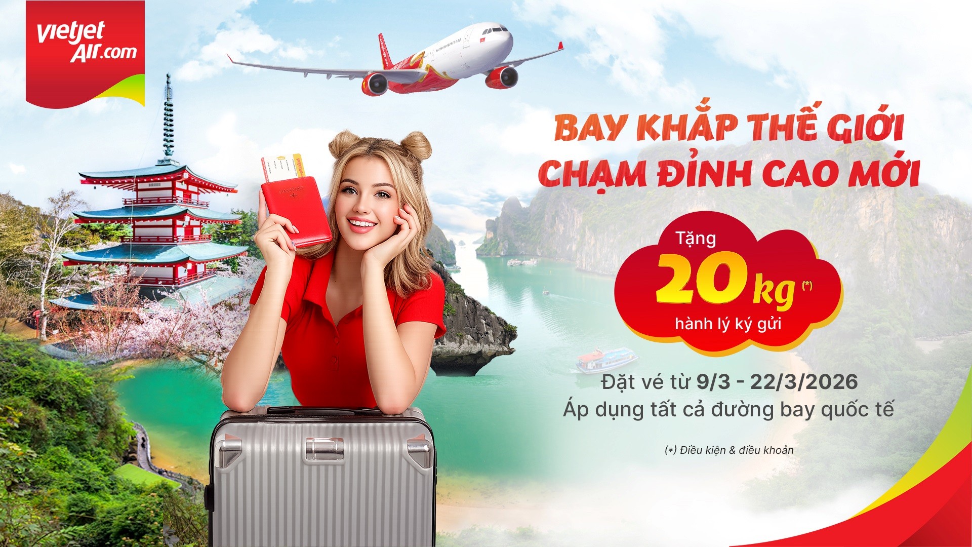 Bay cùng Vietjet nhận ngay 20 kg hành lý miễn phí và cơ hội trúng 1 lượng vàng 9999