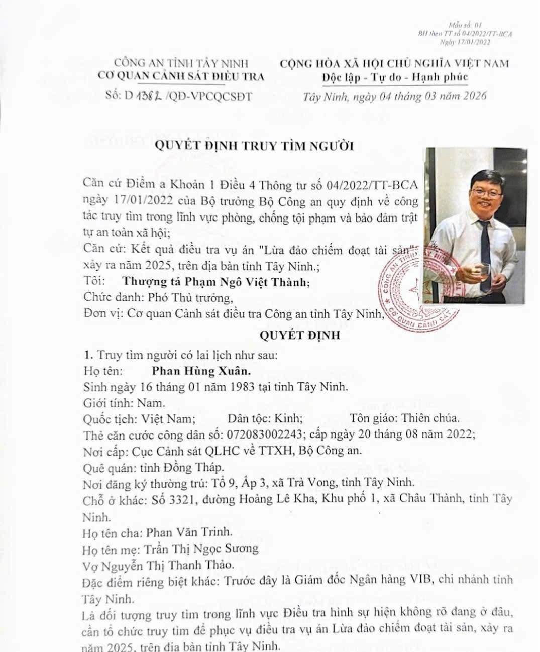 Công an Tây Ninh truy tìm cựu Giám đốc VIB liên quan vụ lừa đảo chiếm đoạt tài sản