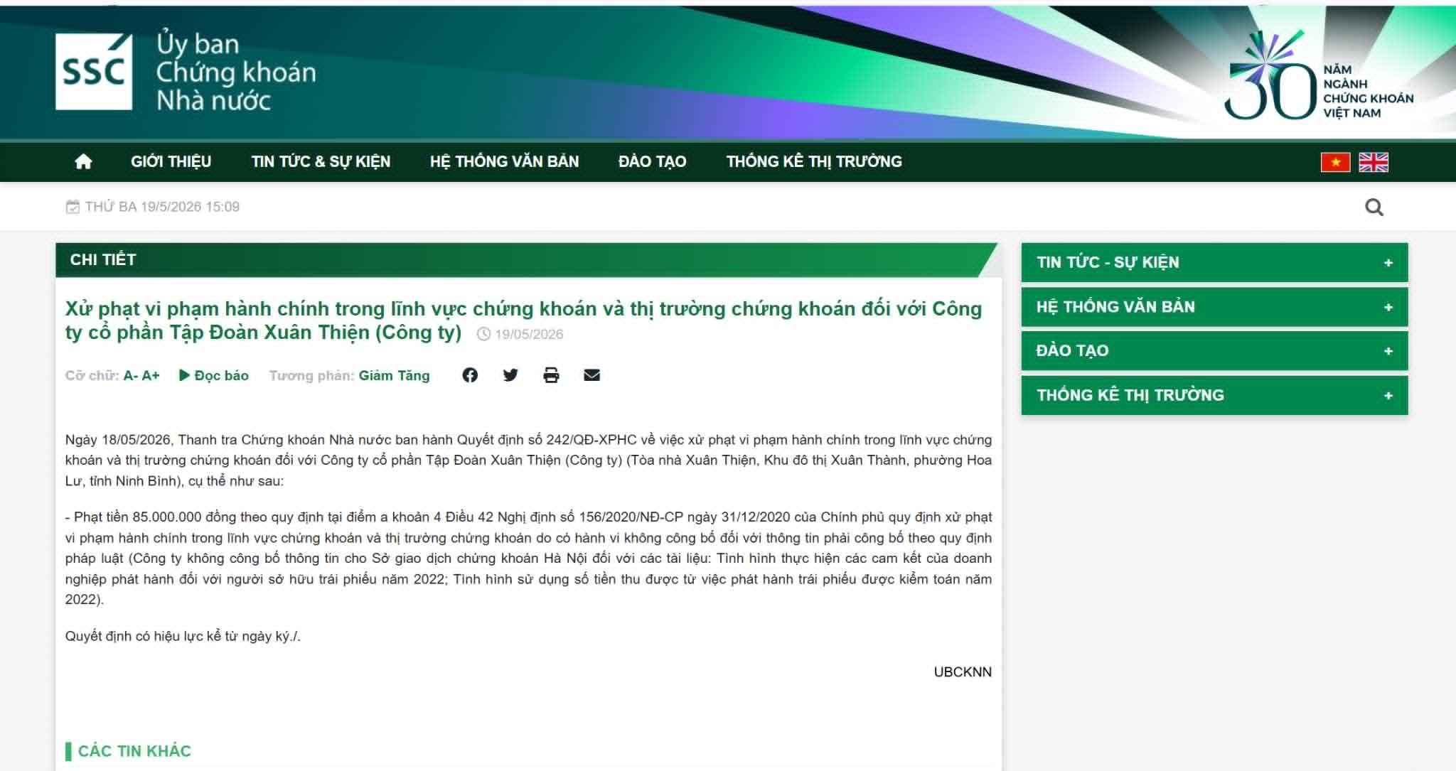 Tập đoàn Xuân Thiện bị phạt 85 triệu đồng vì vi phạm nghĩa vụ công bố thông tin trái phiếu